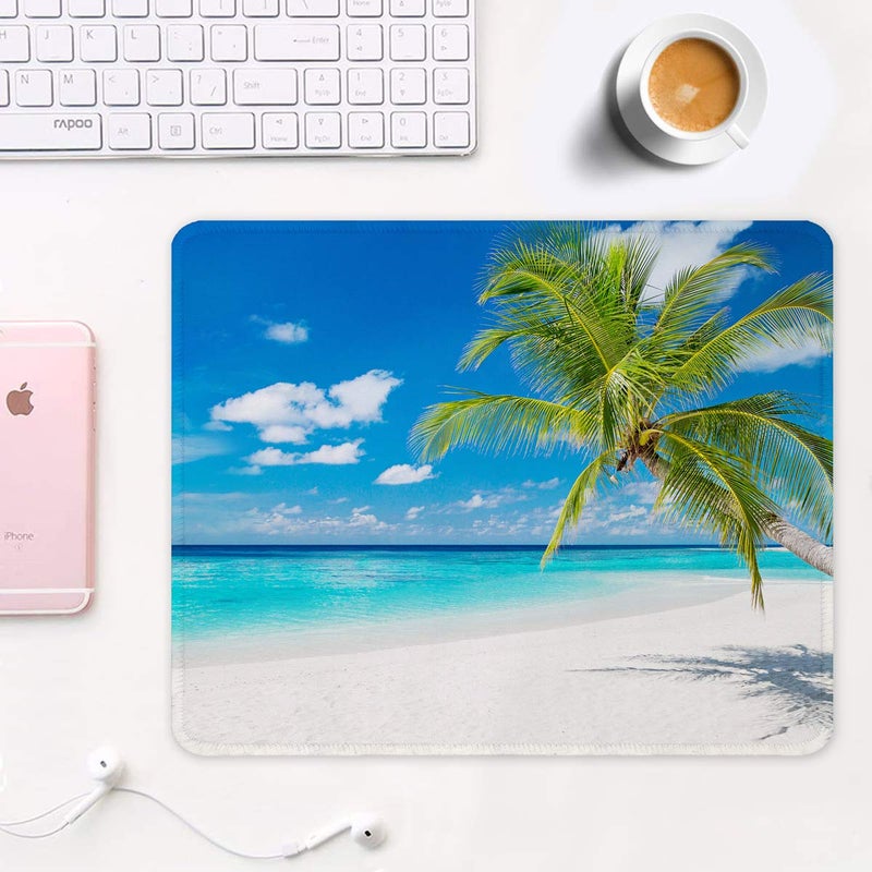 Auhoahsil Mouse Pad, 12 x 10 in Summer Beach Theme Computer Mouse Pad for Desk, Premium-Textured Non-Slip Rubber Stitched Edges Waterproof Square Mouse Mat for Gaming Work Wireless Mice, Blue - Image 2